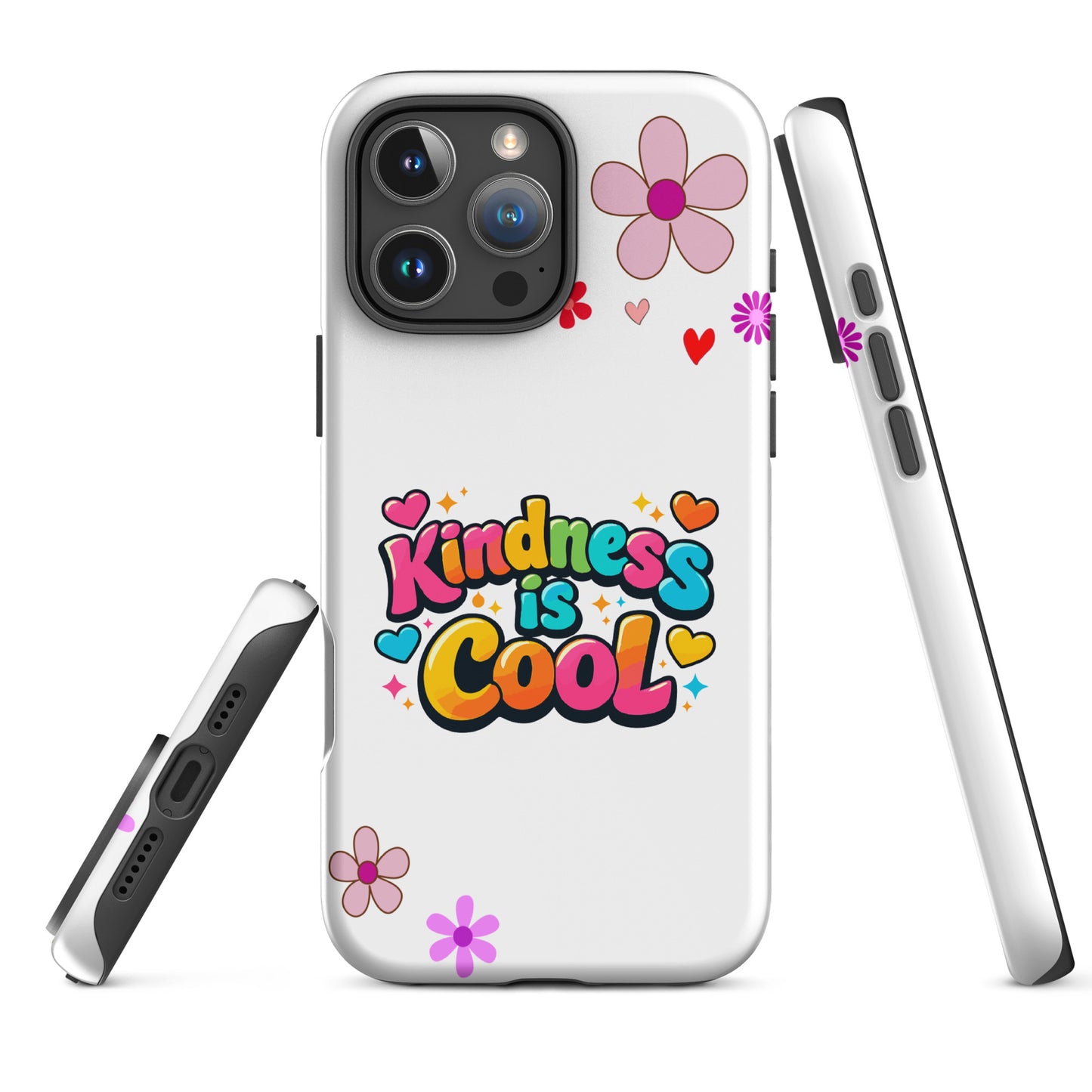 Colorful "Kindness is Cool" bubble text with bright hearts and stars on a black protective iPhone phone case.