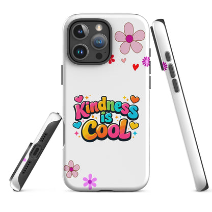 Colorful "Kindness is Cool" bubble text with bright hearts and stars on a black protective iPhone phone case.