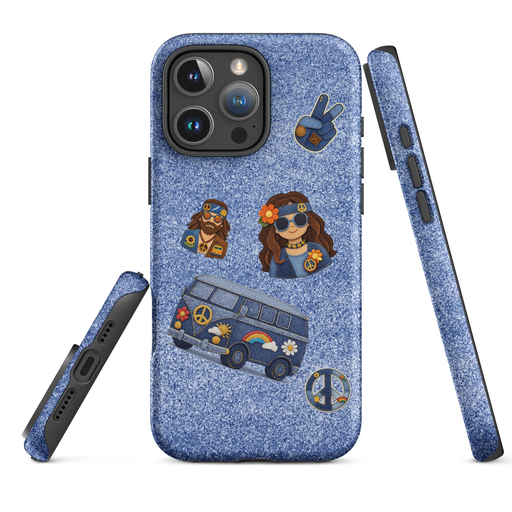 iPhone case design with denim texture and patches of a hippie couple, blue camper van, and peace symbols.