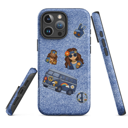 iPhone case design with denim texture and patches of a hippie couple, blue camper van, and peace symbols.