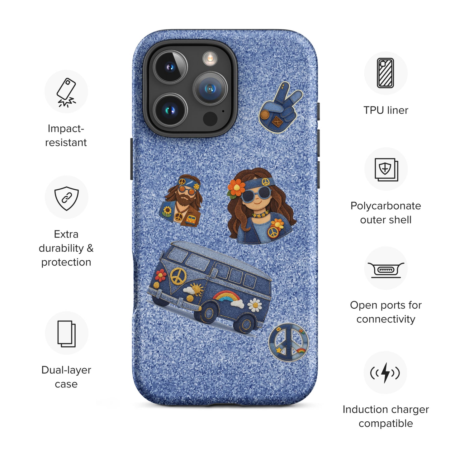 iPhone case design with denim texture and patches of a hippie couple, blue camper van, and peace symbols.