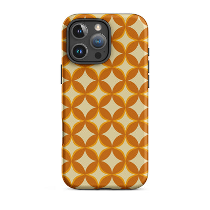 Protective iPhone case featuring a 1970s retro geometric pattern of interlocking orange and mustard petal shapes.
