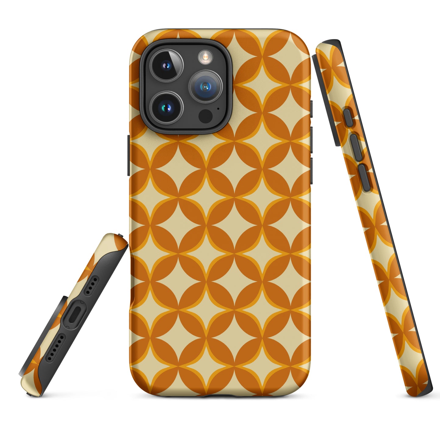Protective iPhone case featuring a 1970s retro geometric pattern of interlocking orange and mustard petal shapes.