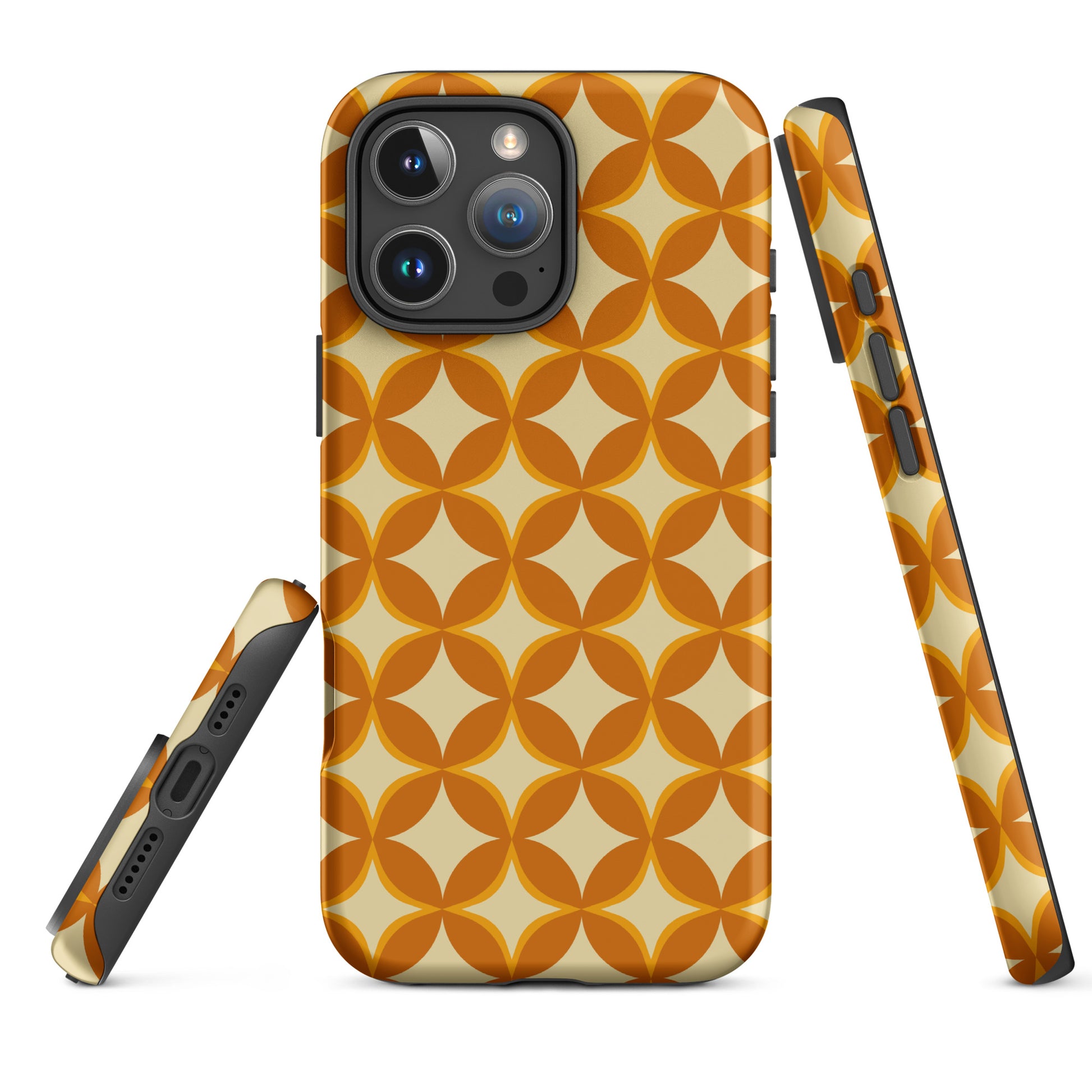 Protective iPhone case featuring a 1970s retro geometric pattern of interlocking orange and mustard petal shapes.