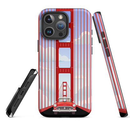 Minimalist illustration of a classic red car driving through the Golden Gate Bridge on an iPhone case