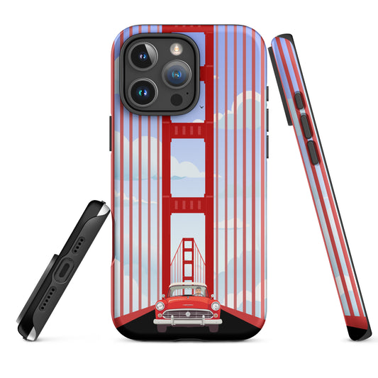 Minimalist illustration of a classic red car driving through the Golden Gate Bridge on an iPhone case