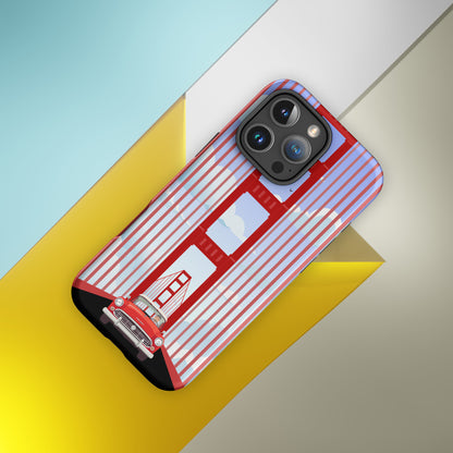 Minimalist illustration of a classic red car driving through the Golden Gate Bridge on an iPhone case