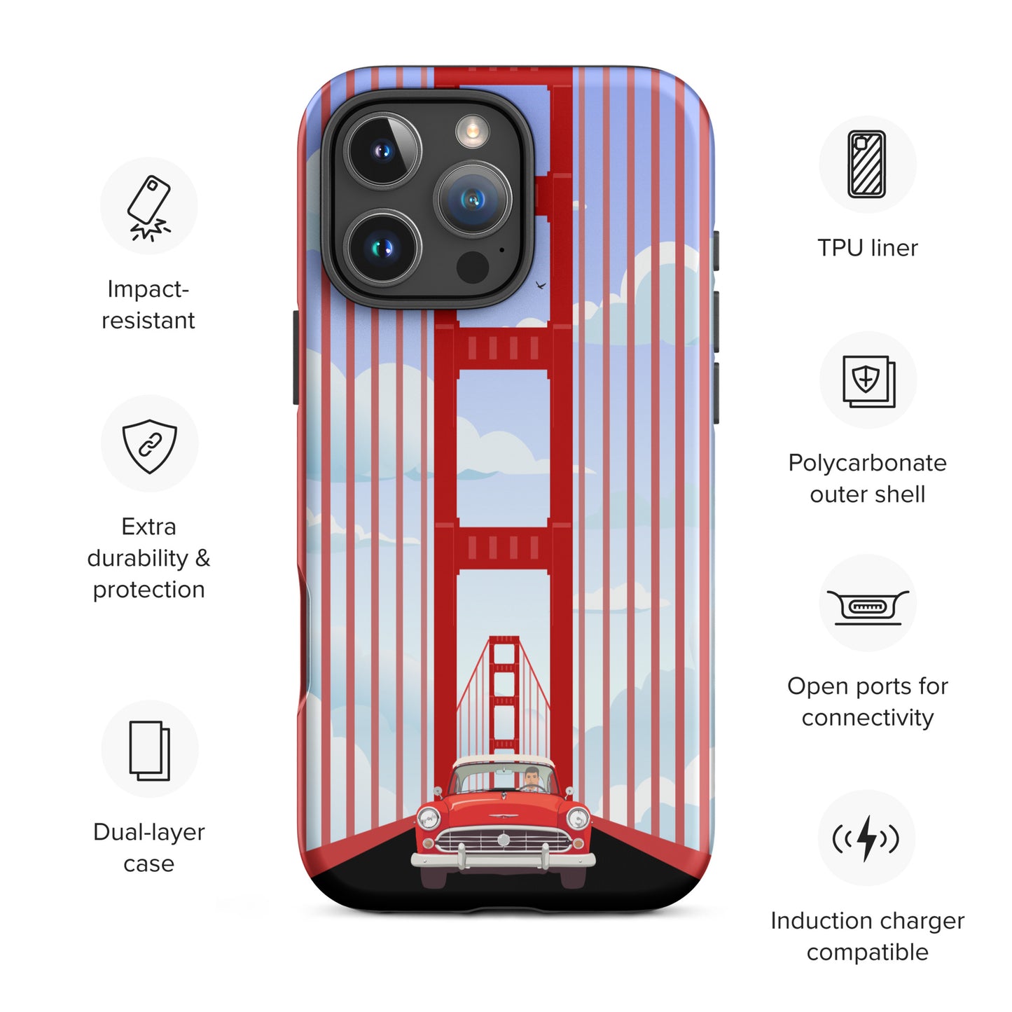 Minimalist illustration of a classic red car driving through the Golden Gate Bridge on an iPhone case