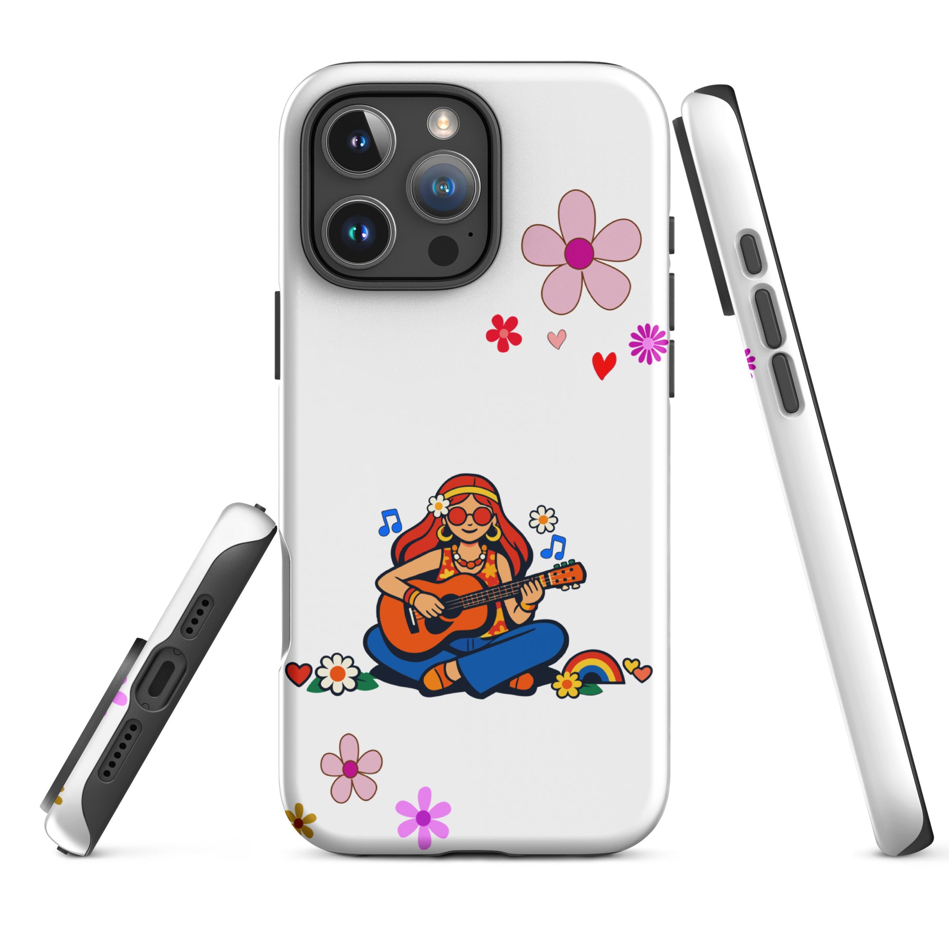 Retro illustration of a hippie girl with sunglasses playing guitar, featured on a protective iPhone case design.