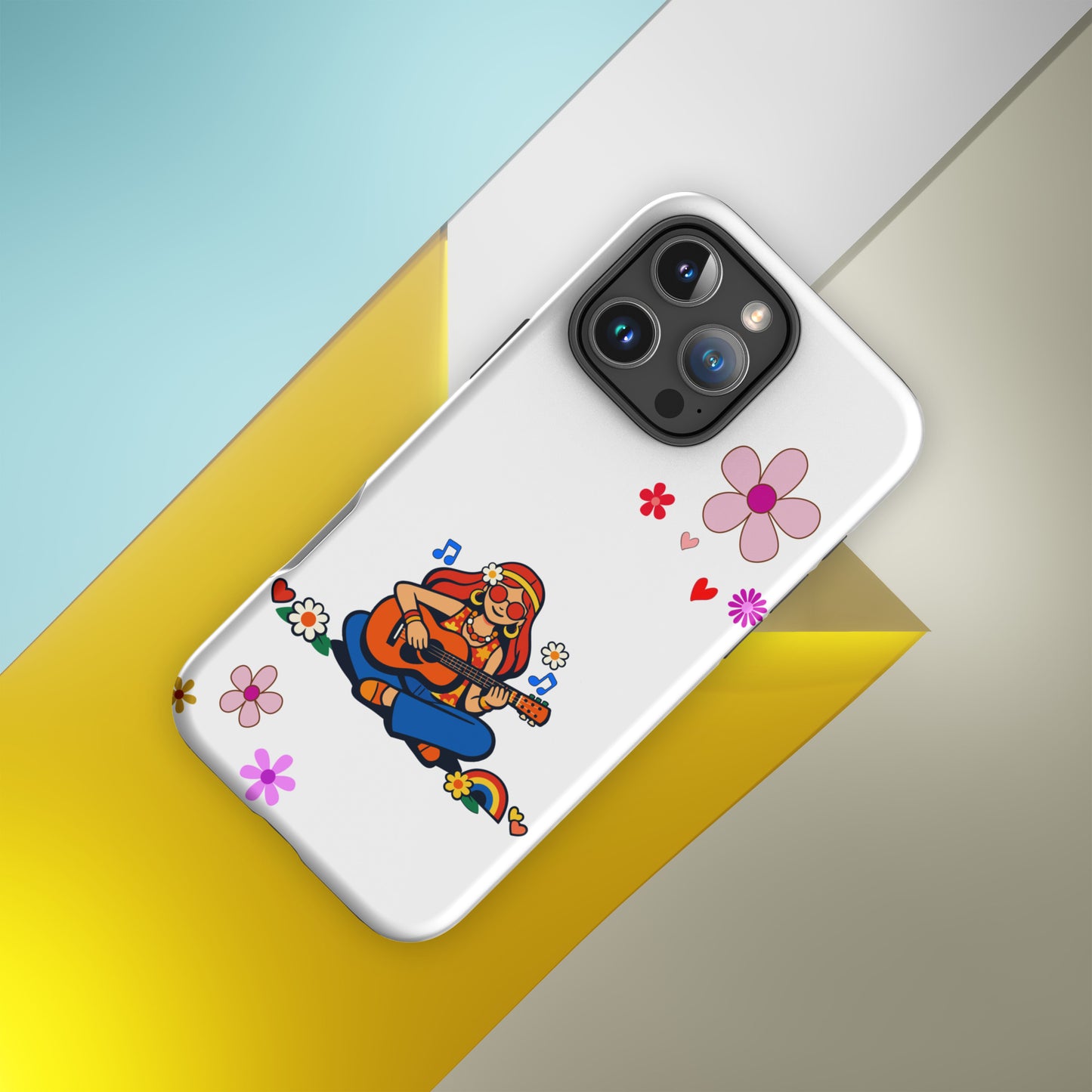 Retro illustration of a hippie girl with sunglasses playing guitar, featured on a protective iPhone case design.