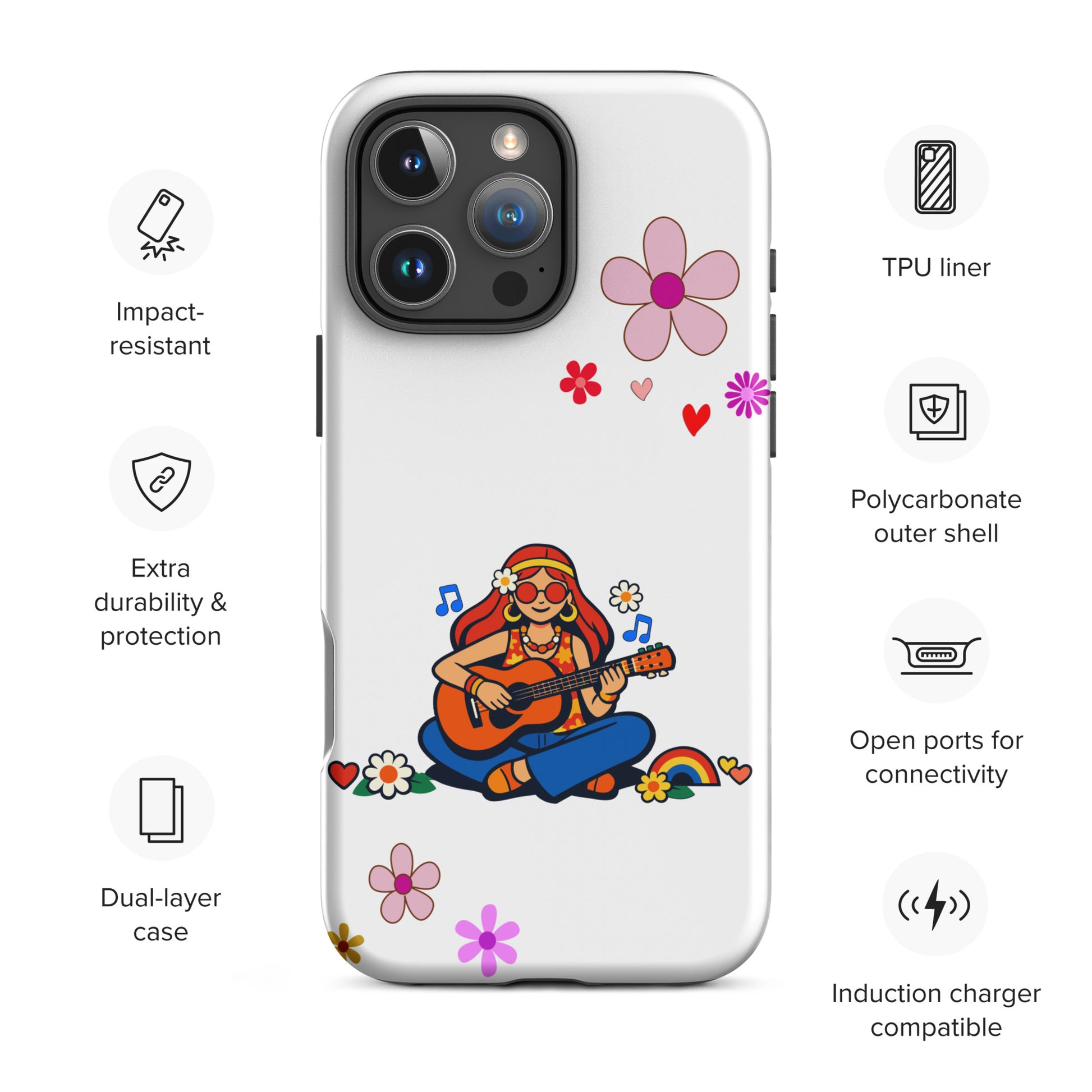 Retro illustration of a hippie girl with sunglasses playing guitar, featured on a protective iPhone case design.
