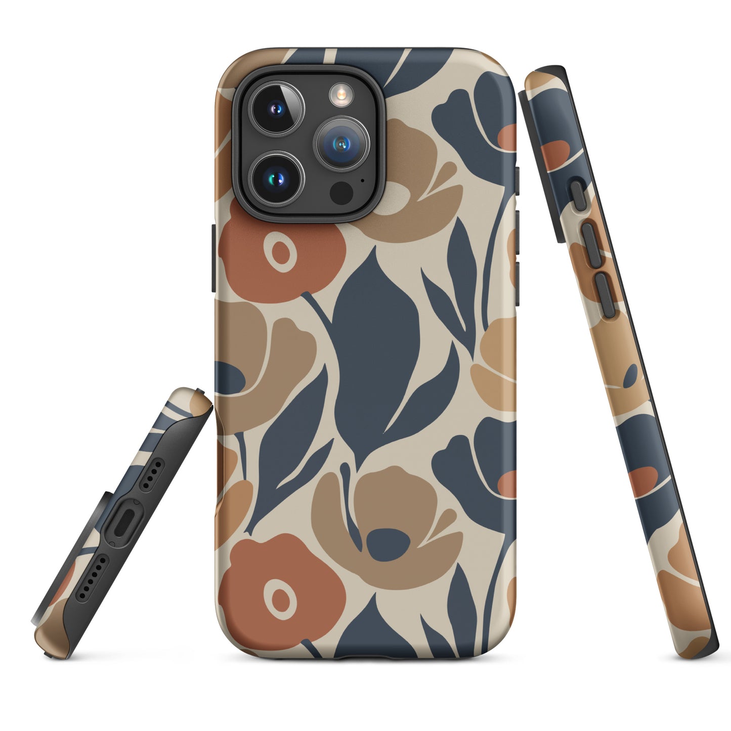 Protective TPU iPhone case featuring a seamless retro floral print in terracotta, ochre, and deep navy blue.