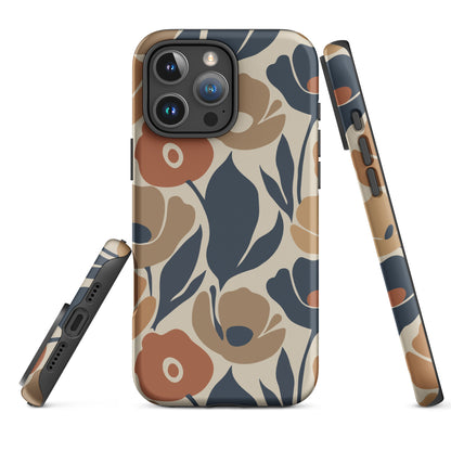 Protective TPU iPhone case featuring a seamless retro floral print in terracotta, ochre, and deep navy blue.