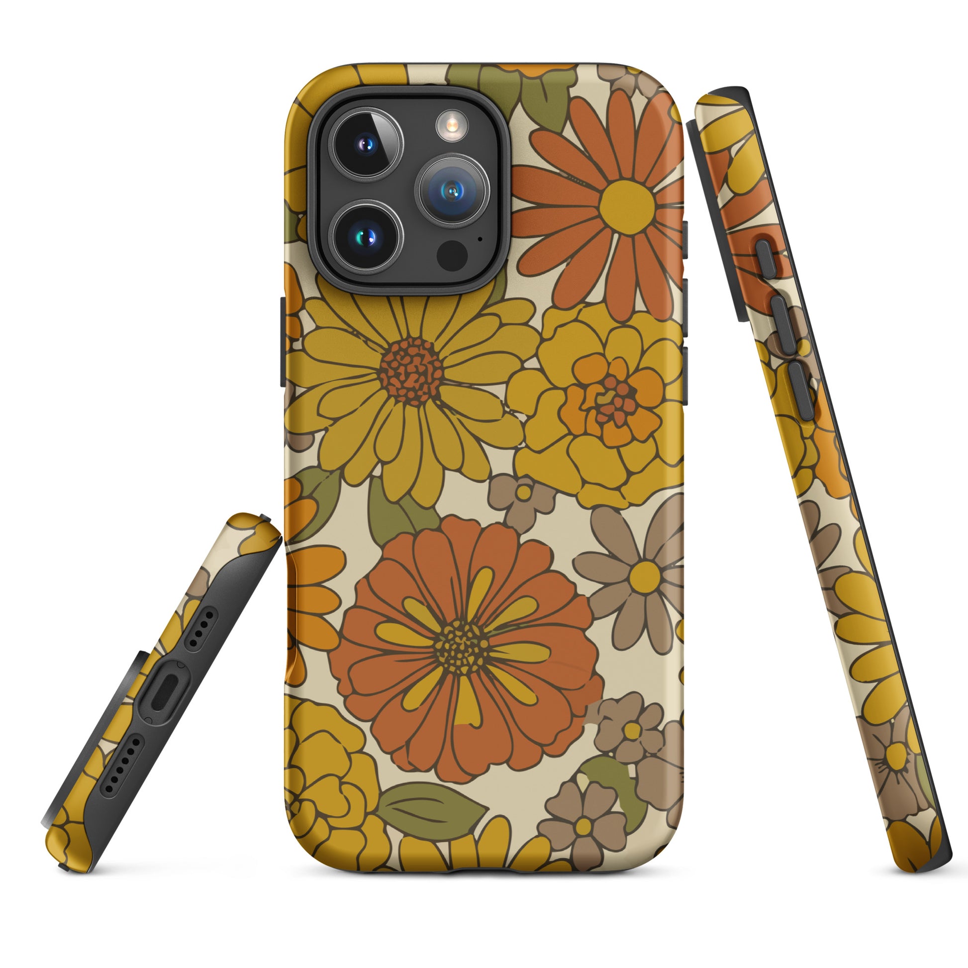A flexible TPU iPhone case featuring a seamless retro groovy floral pattern with warm orange, yellow, and cream daisies.