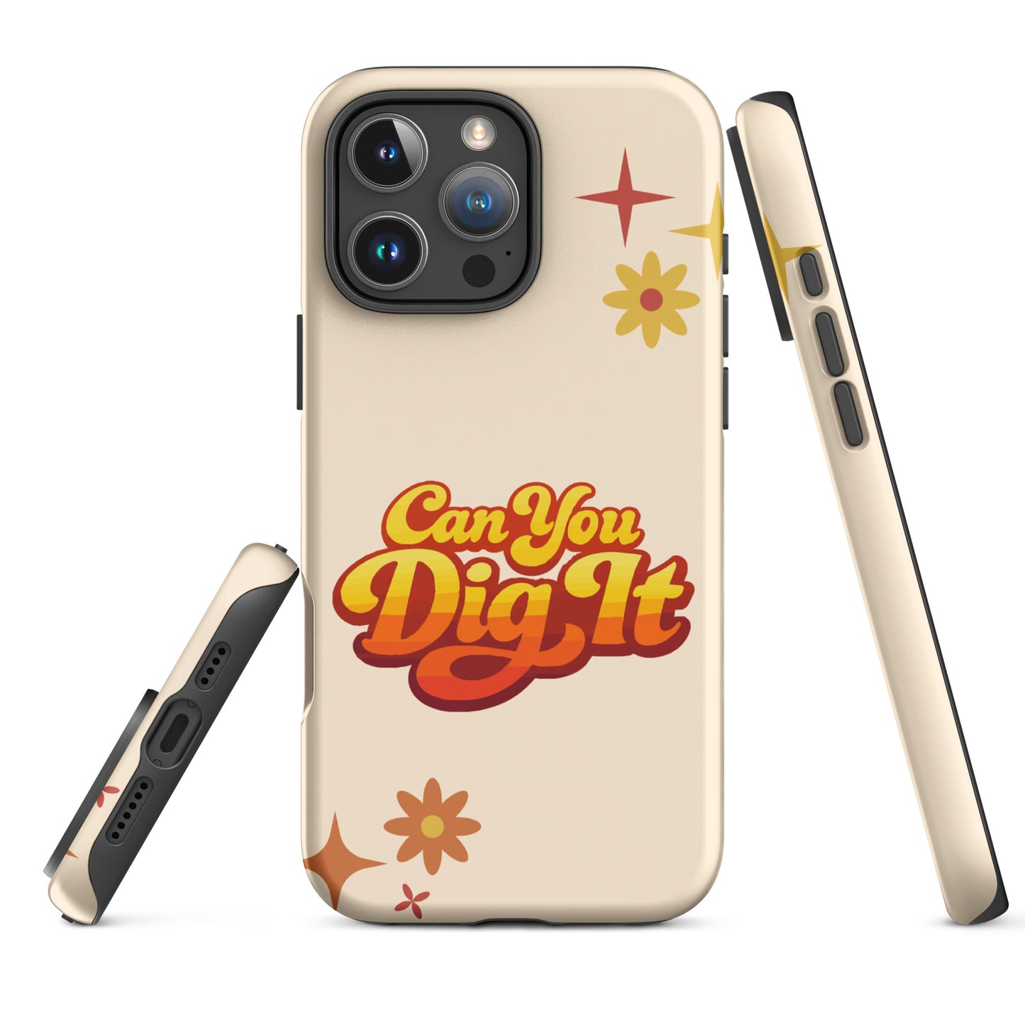 Retro 70s style typography reading Can You Dig It in sunset orange and yellow gradient on a black iPhone case.