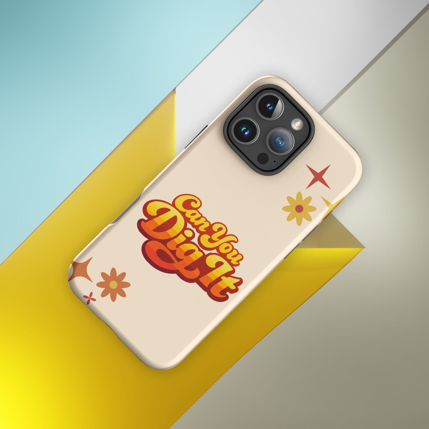 Retro 70s style typography reading Can You Dig It in sunset orange and yellow gradient on a black iPhone case.