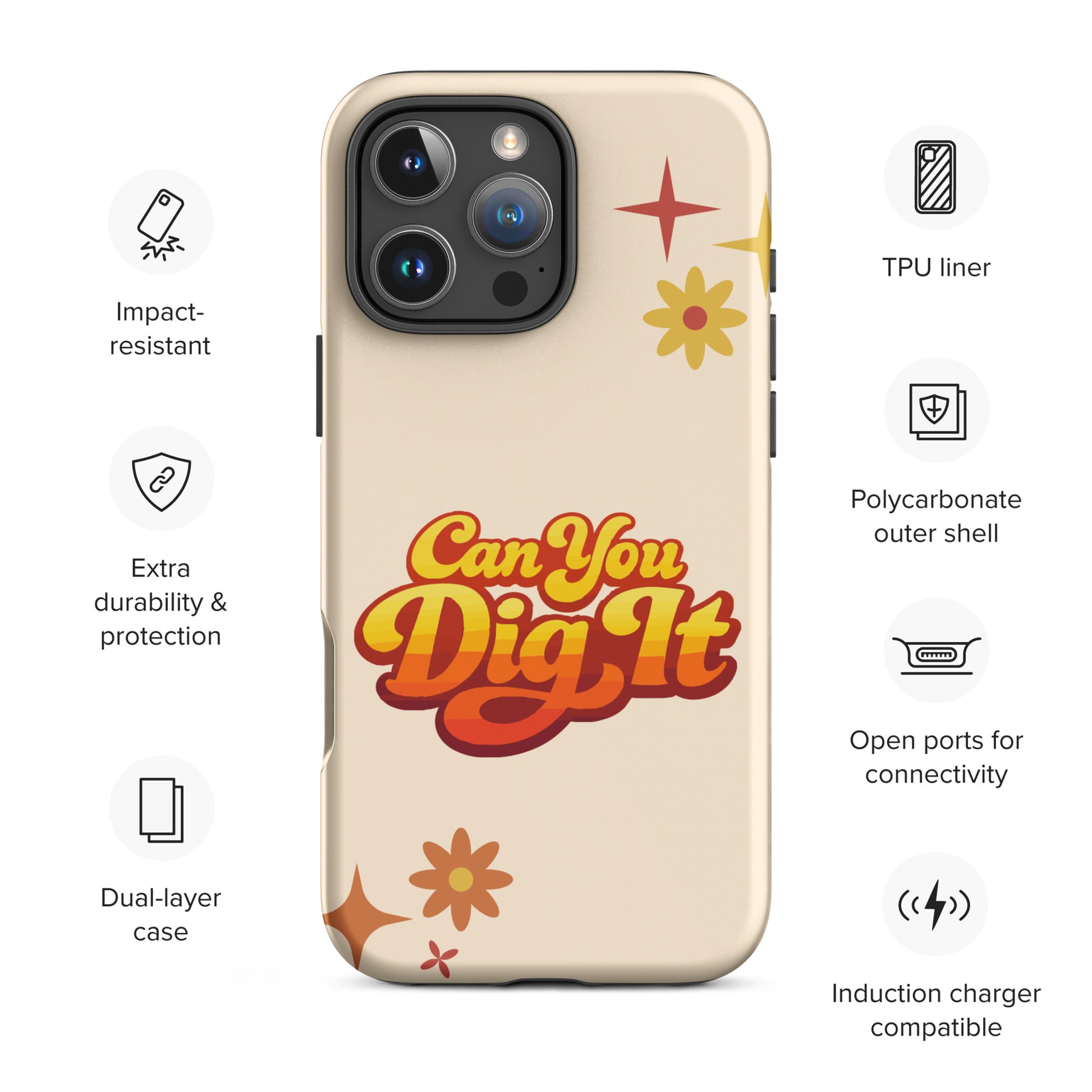Retro 70s style typography reading Can You Dig It in sunset orange and yellow gradient on a black iPhone case.