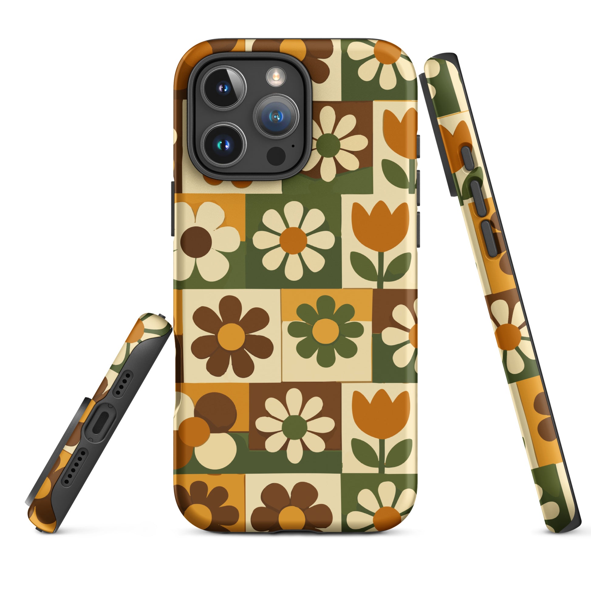 TPU iPhone case featuring a 1970s retro floral tile pattern in orange, brown, and green by Far Out Goods.