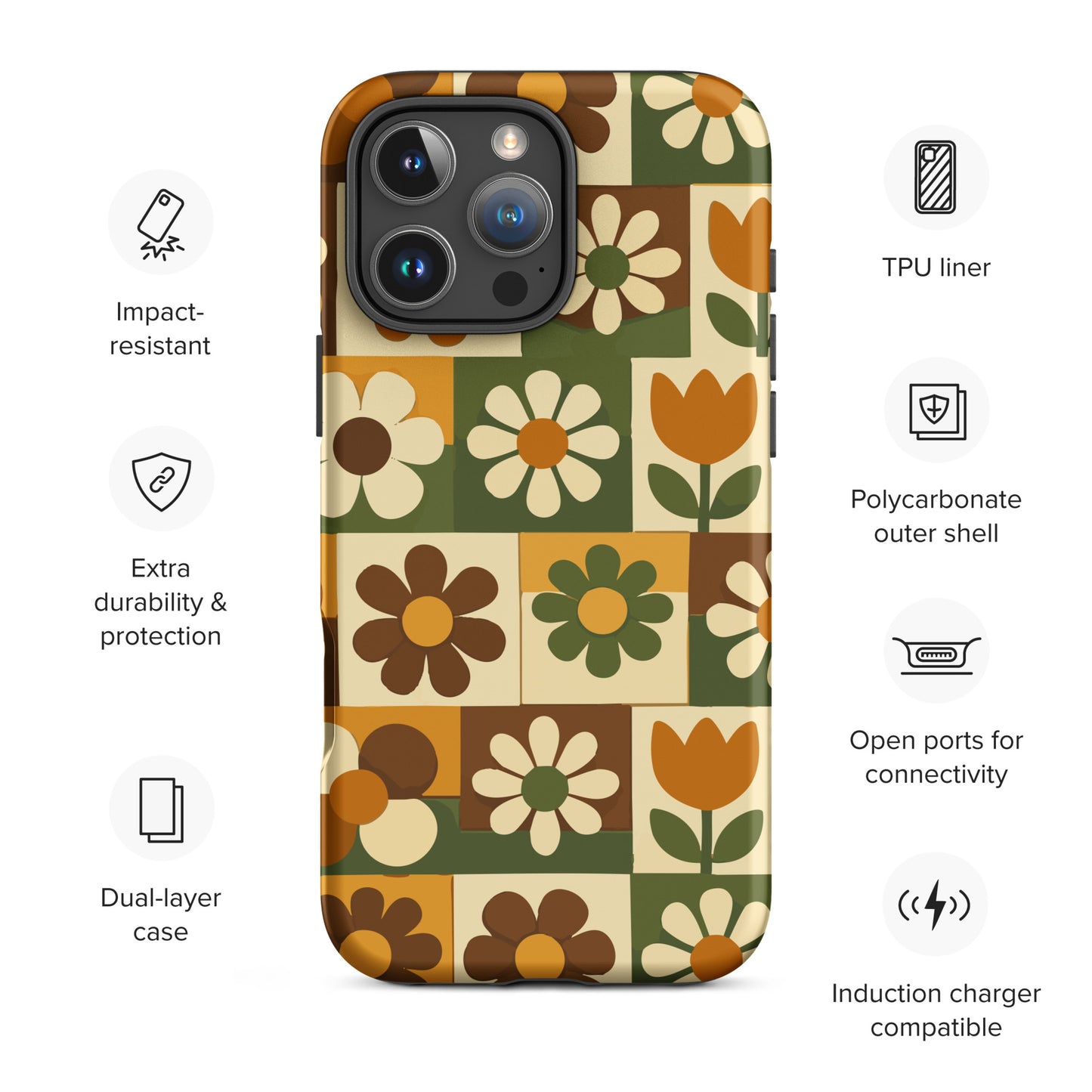 TPU iPhone case featuring a 1970s retro floral tile pattern in orange, brown, and green by Far Out Goods.
