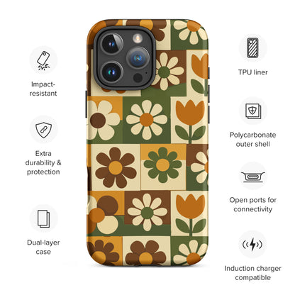 TPU iPhone case featuring a 1970s retro floral tile pattern in orange, brown, and green by Far Out Goods.