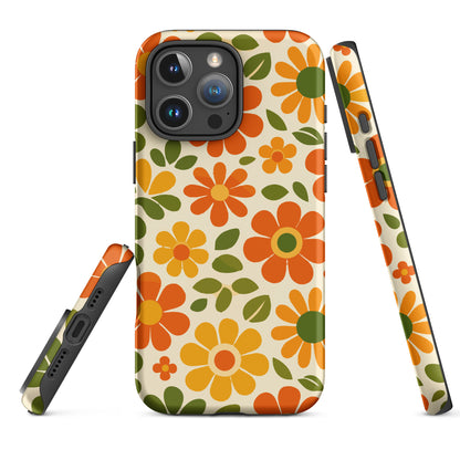 Groovy 1970s retro flower power pattern on a protective thermoplastic polyurethane TPU iPhone case with orange daisies.