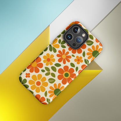 Groovy 1970s retro flower power pattern on a protective thermoplastic polyurethane TPU iPhone case with orange daisies.