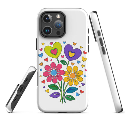 Bright 70s retro style illustration of pink and yellow daisy flowers with colorful heart bouquets, faroutgoods