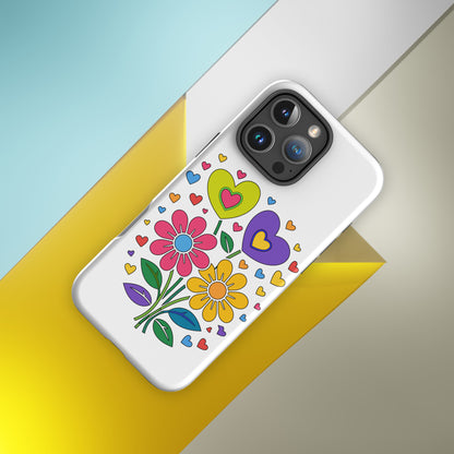 Bright 70s retro style illustration of pink and yellow daisy flowers with colorful heart bouquets, faroutgoods