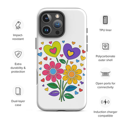 Bright 70s retro style illustration of pink and yellow daisy flowers with colorful heart bouquets, faroutgoods