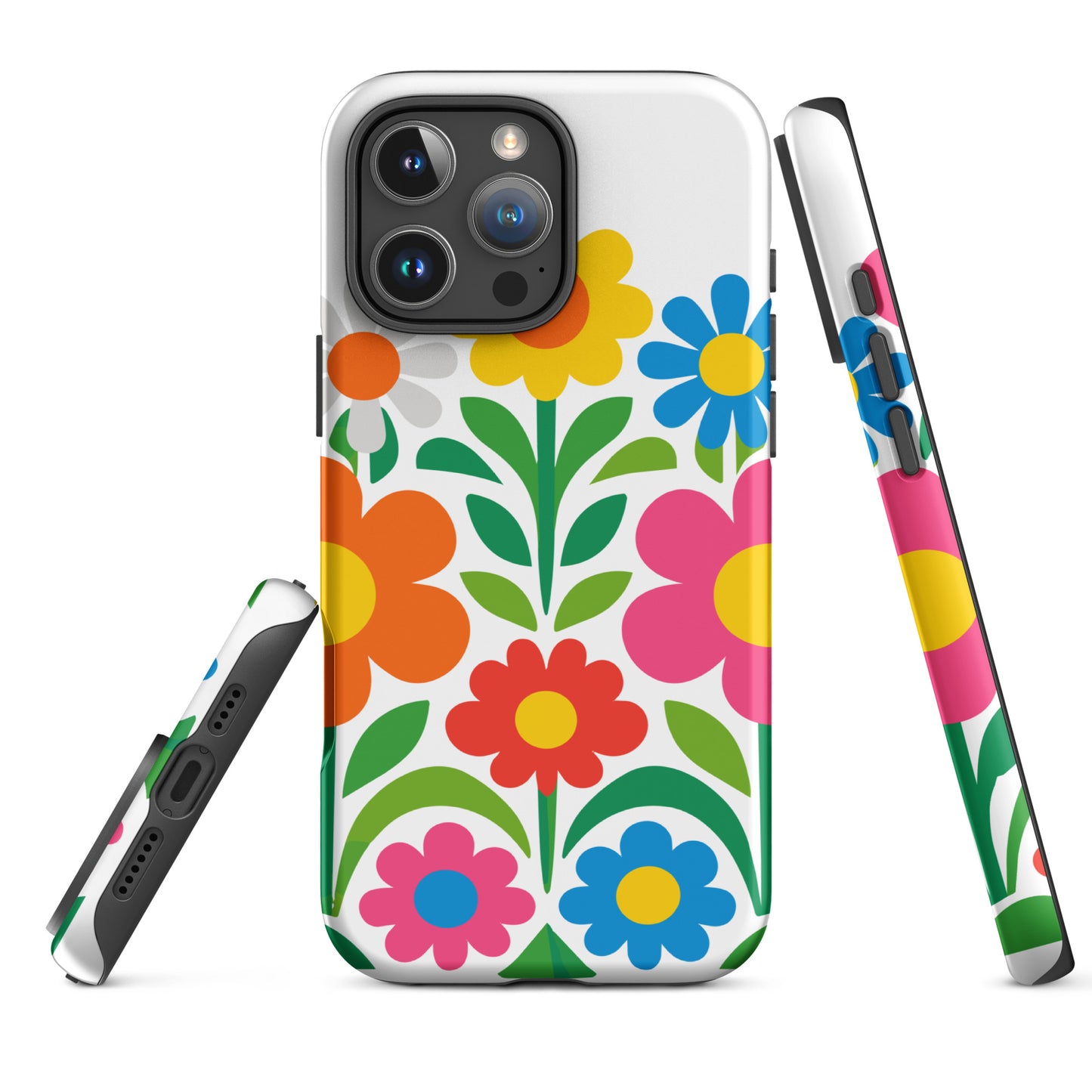Vibrant 70s style retro flower power design with colorful daisies and hearts on a protective TPU iPhone case.