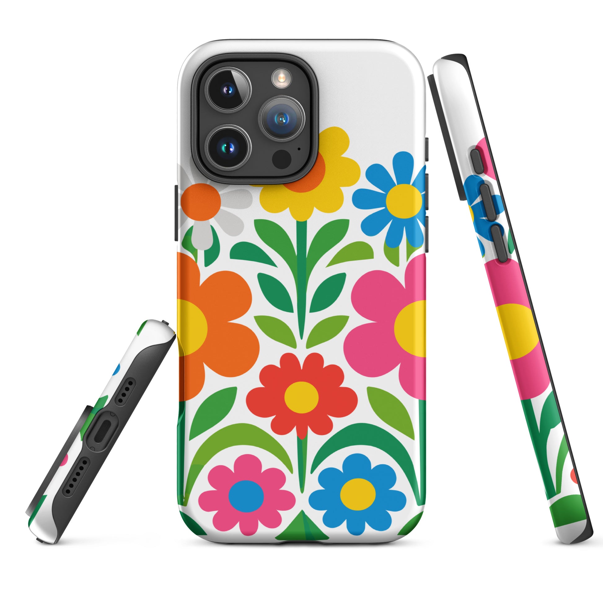 Vibrant 70s style retro flower power design with colorful daisies and hearts on a protective TPU iPhone case.