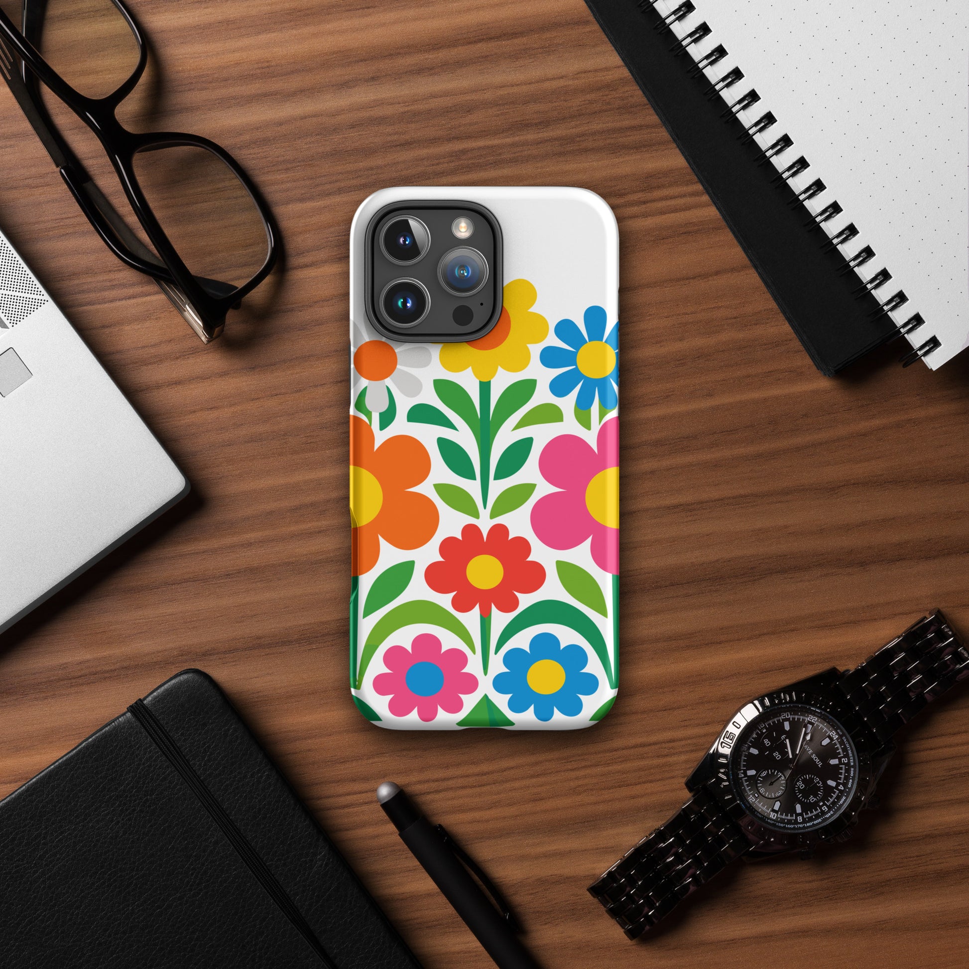 Vibrant 70s style retro flower power design with colorful daisies and hearts on a protective TPU iPhone case.