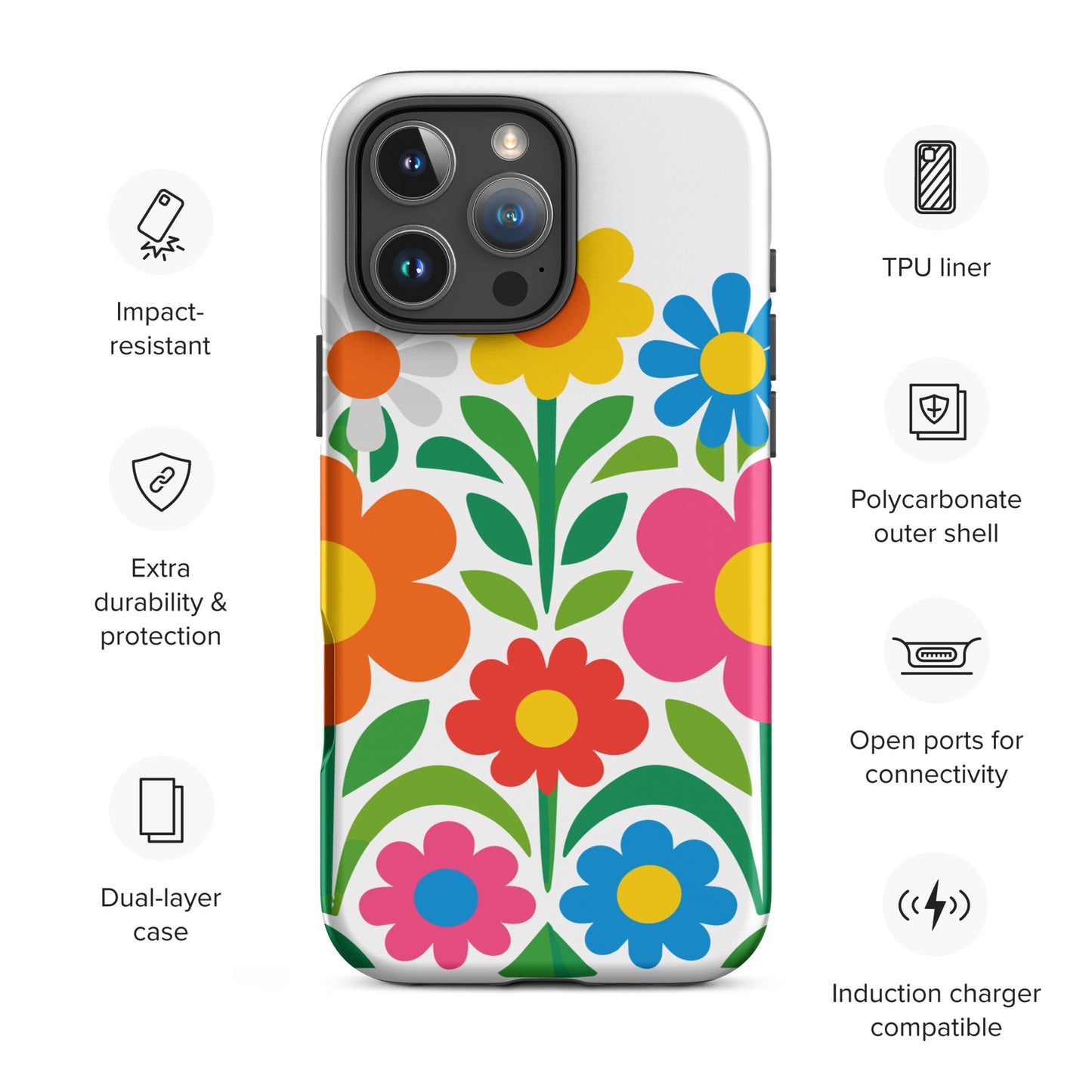 Vibrant 70s style retro flower power design with colorful daisies and hearts on a protective TPU iPhone case.
