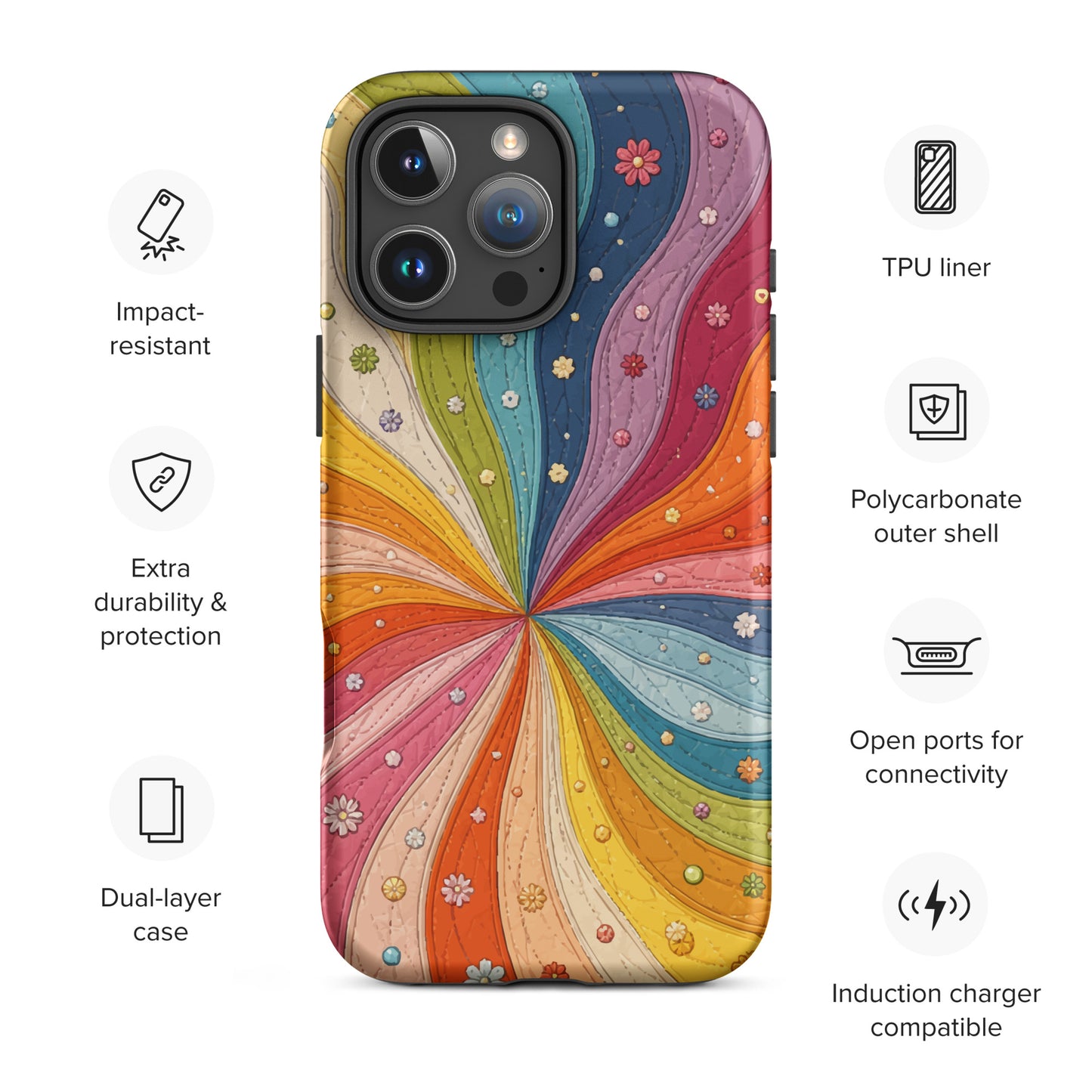 Flexible TPU iPhone case featuring a vibrant retro 70s quilted rainbow swirl design with stitched details and tiny flowers.