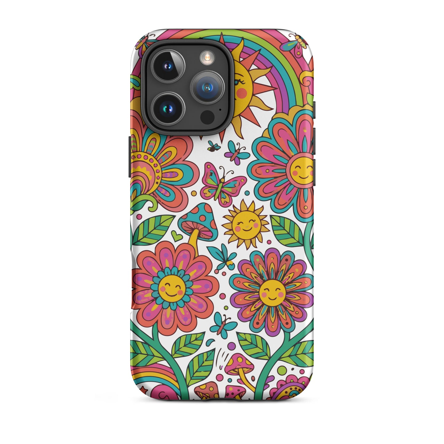 Retro 70s psychedelic style illustration with colorful smiling flowers, a happy sun, vibrant rainbows, and mushrooms.