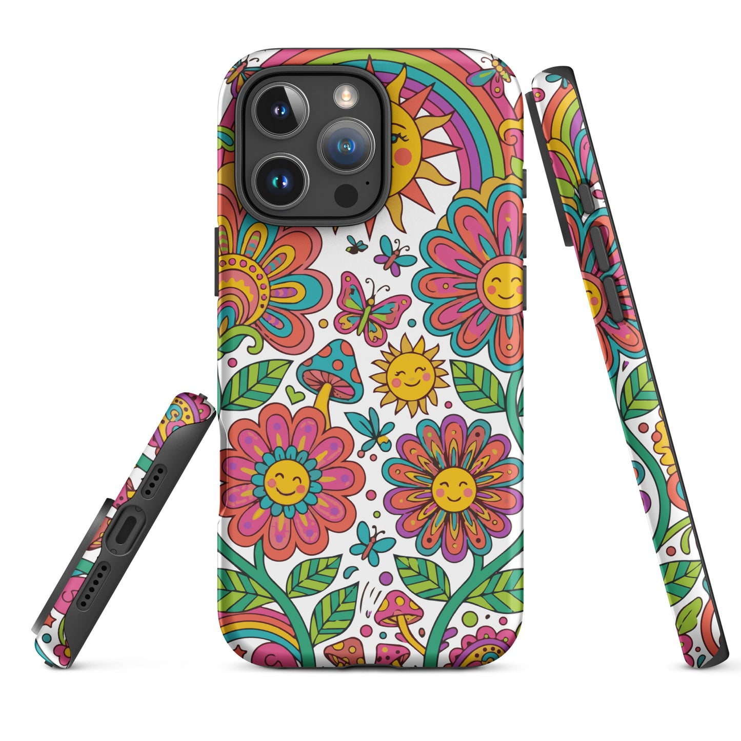 Retro 70s psychedelic style illustration with colorful smiling flowers, a happy sun, vibrant rainbows, and mushrooms.