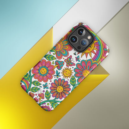 Retro 70s psychedelic style illustration with colorful smiling flowers, a happy sun, vibrant rainbows, and mushrooms.