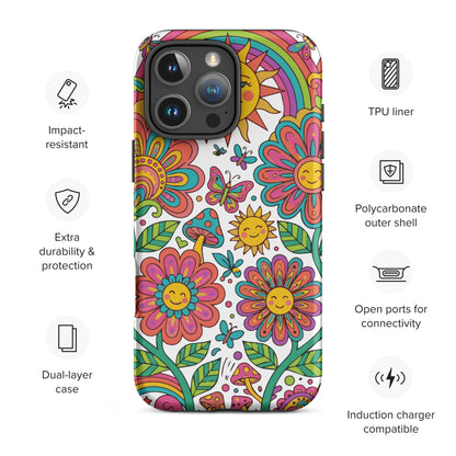 Retro 70s psychedelic style illustration with colorful smiling flowers, a happy sun, vibrant rainbows, and mushrooms.