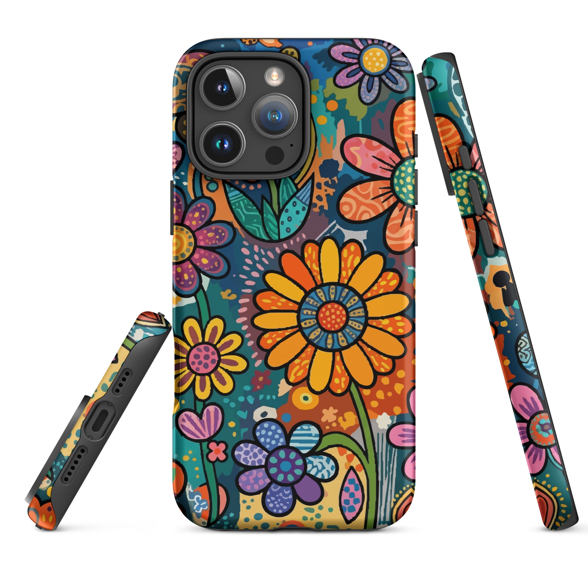 Retro psychedelic TPU iPhone case featuring colorful 60s flower power patterns, vibrant hearts, and boho doodle art.