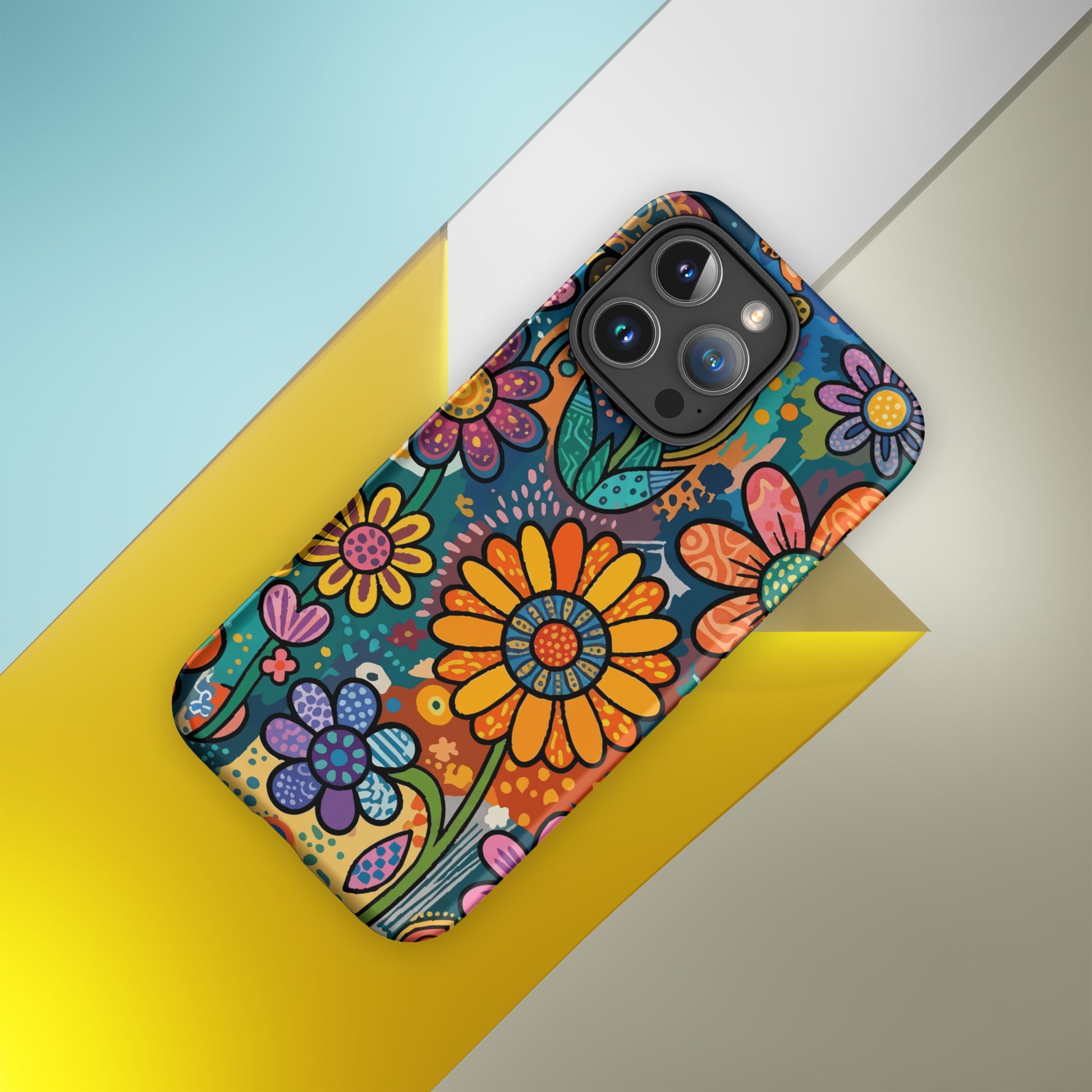 Retro psychedelic TPU iPhone case featuring colorful 60s flower power patterns, vibrant hearts, and boho doodle art.