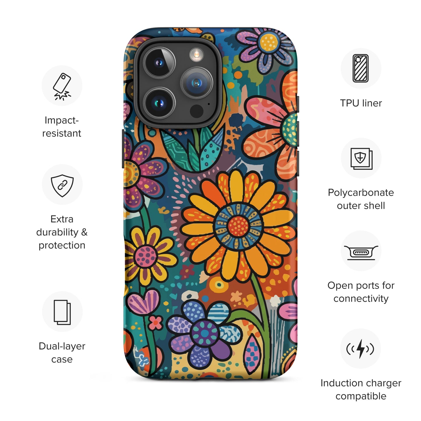 Retro psychedelic TPU iPhone case featuring colorful 60s flower power patterns, vibrant hearts, and boho doodle art.