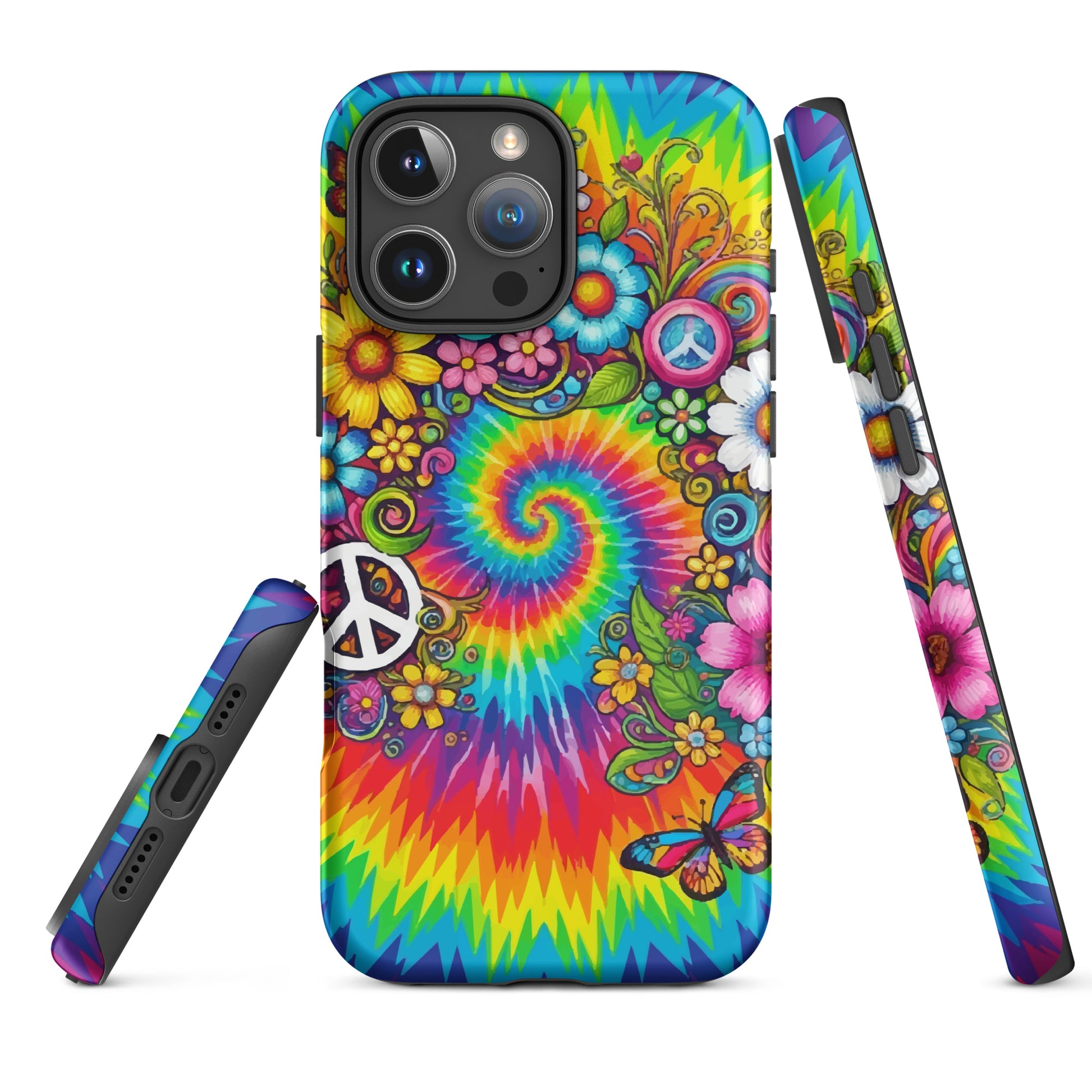 Vibrant psychedelic tie dye TPU iPhone case featuring retro floral patterns, butterflies, and white peace signs.