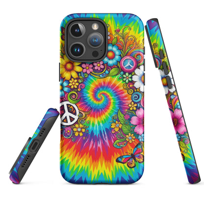 Vibrant psychedelic tie dye TPU iPhone case featuring retro floral patterns, butterflies, and white peace signs.
