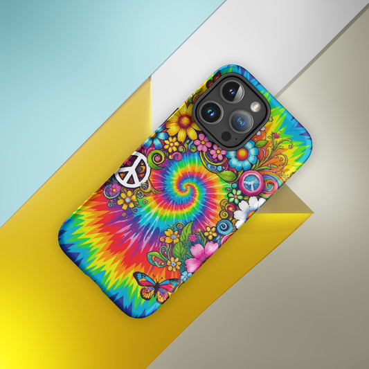Vibrant psychedelic tie dye TPU iPhone case featuring retro floral patterns, butterflies, and white peace signs.