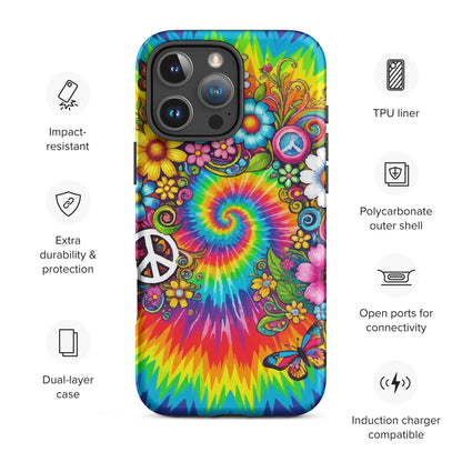 Vibrant psychedelic tie dye TPU iPhone case featuring retro floral patterns, butterflies, and white peace signs.