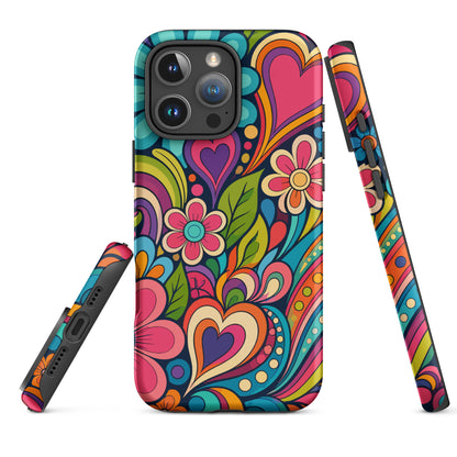 Vibrant retro psychedelic flower power design with colorful hearts, swirls, and daisies on a protective TPU iPhone case.