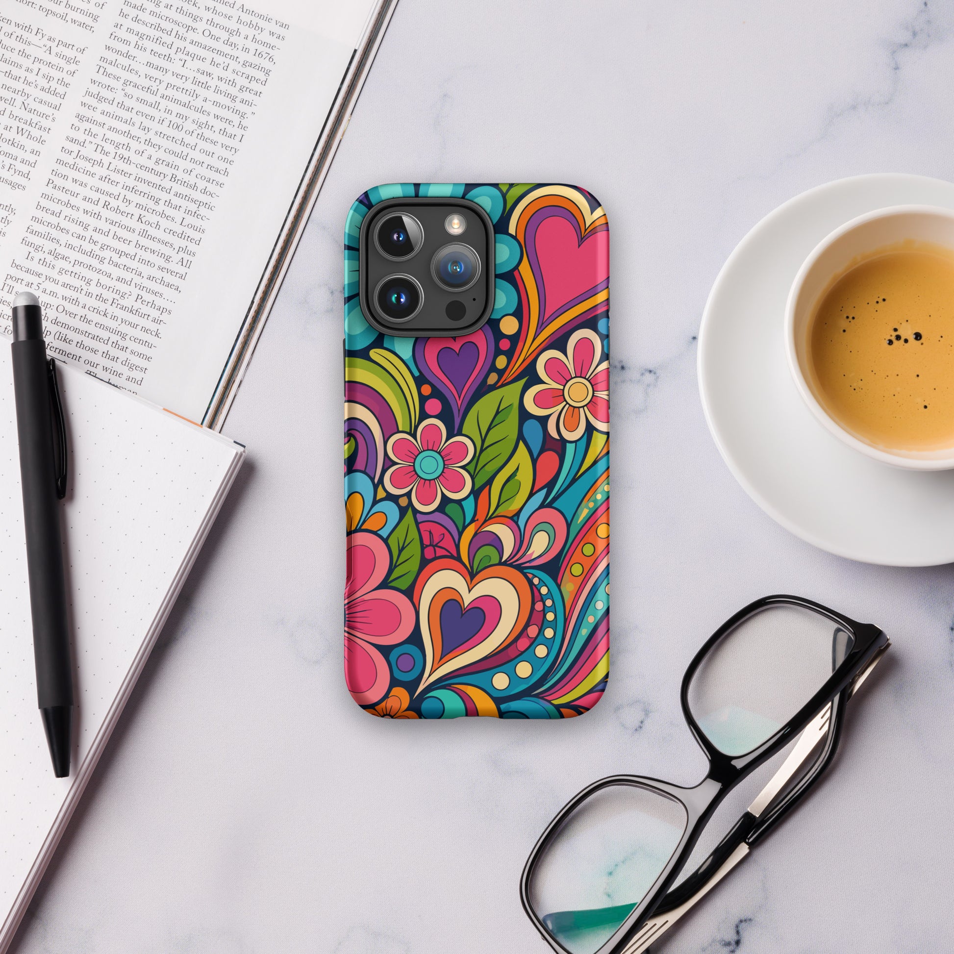 Vibrant retro psychedelic flower power design with colorful hearts, swirls, and daisies on a protective TPU iPhone case.