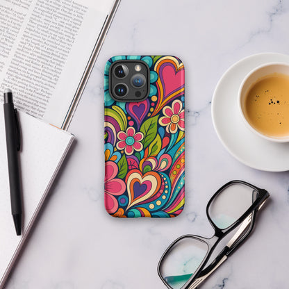 Vibrant retro psychedelic flower power design with colorful hearts, swirls, and daisies on a protective TPU iPhone case.