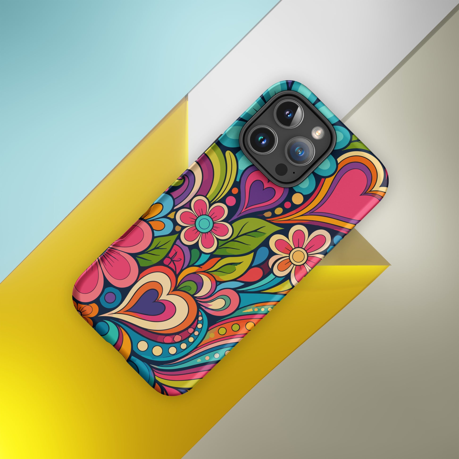 Vibrant retro psychedelic flower power design with colorful hearts, swirls, and daisies on a protective TPU iPhone case.