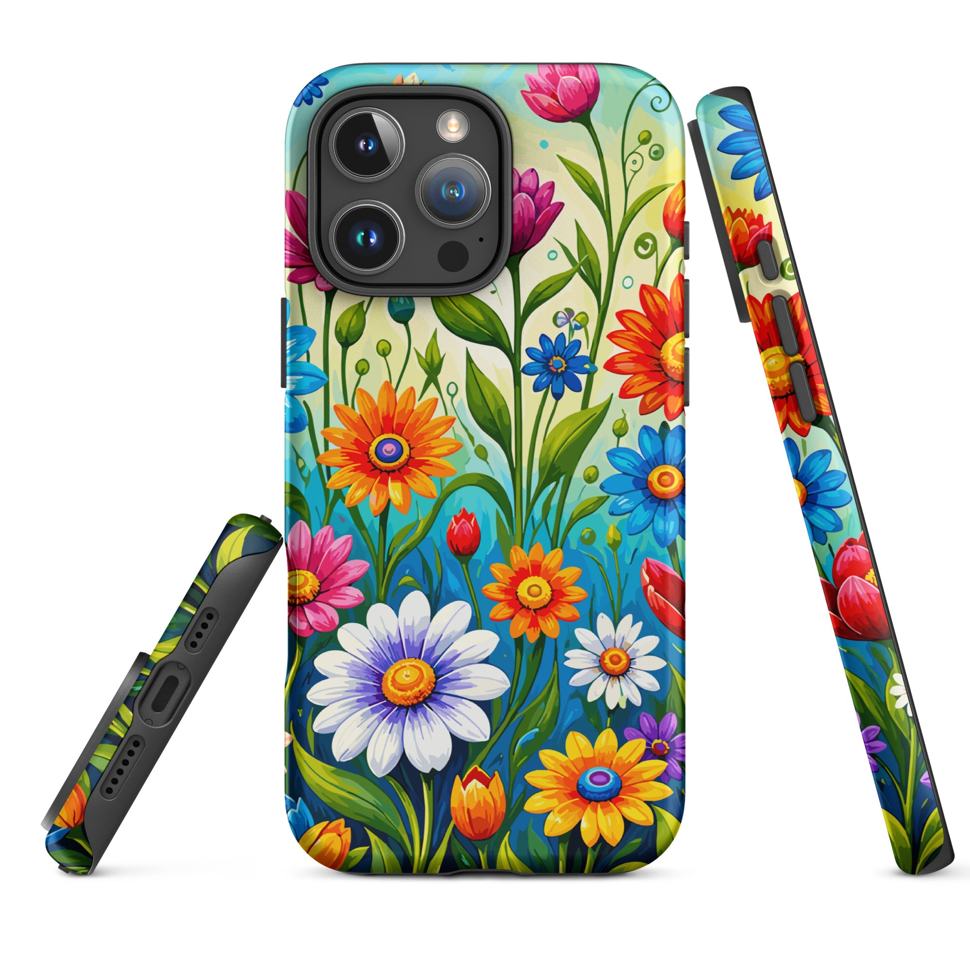 Vibrant retro flower power design featuring colorful daisies, blue, orange, and purple psychedelic boho garden artwork.